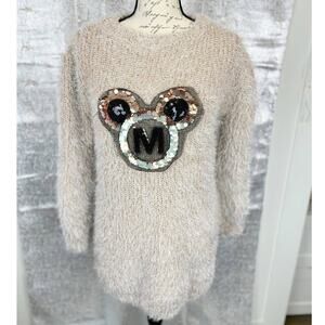 Fashion Minnie Mouse Sequin Fuzzy Eyelash Knit Crew Neck Sweater Size Medium